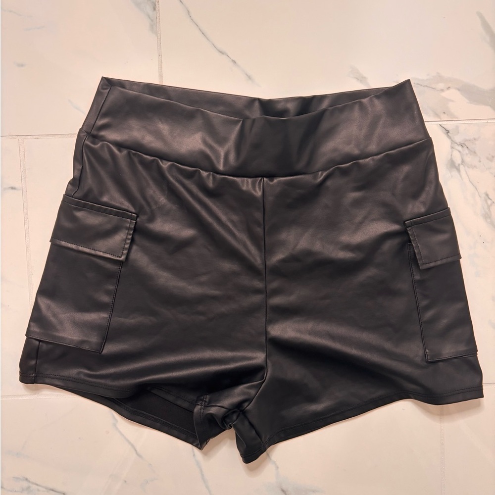 Fashion Nova Black Faux Leather Cargo Shorts
